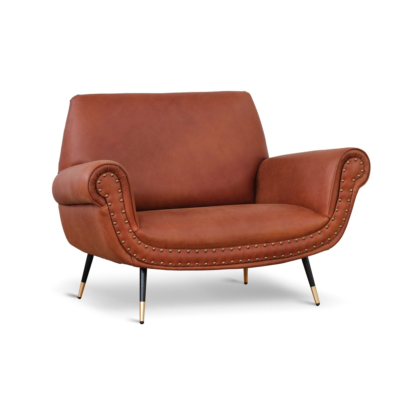 Divano 2 posti design vintage Vico pelle fiore pull up cognac con borchie anticate e gambe nere e ottone