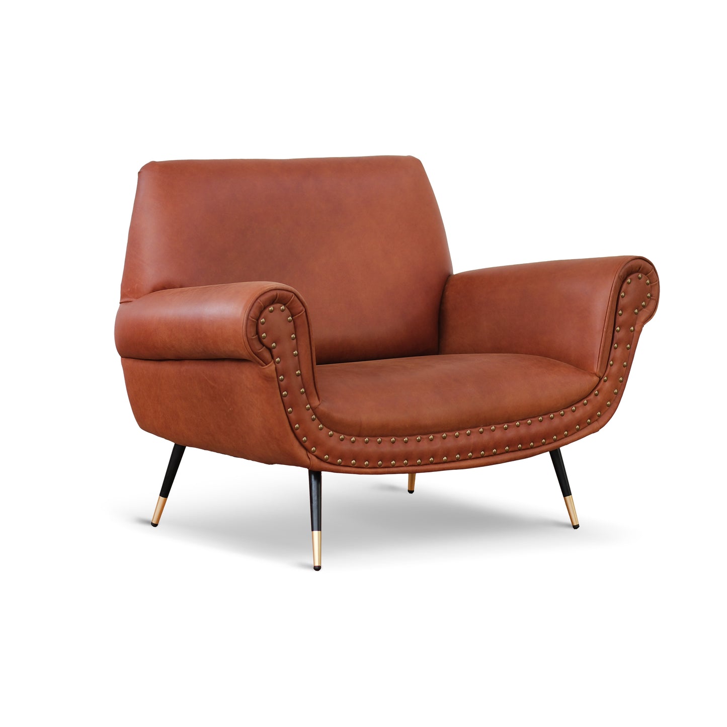 Divano 2 posti design vintage Vico pelle fiore pull up cognac con borchie anticate e gambe nere e ottone