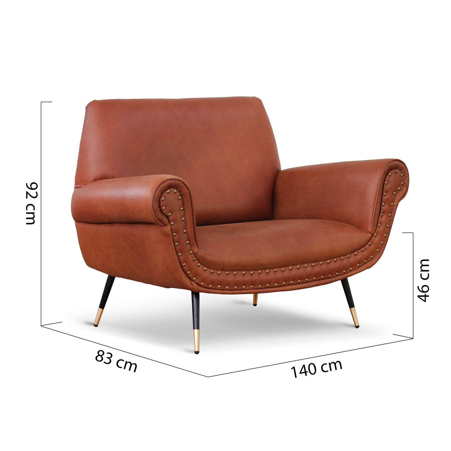 Divano 2 posti design vintage Vico pelle fiore pull up cognac con borchie anticate e gambe nere e ottone