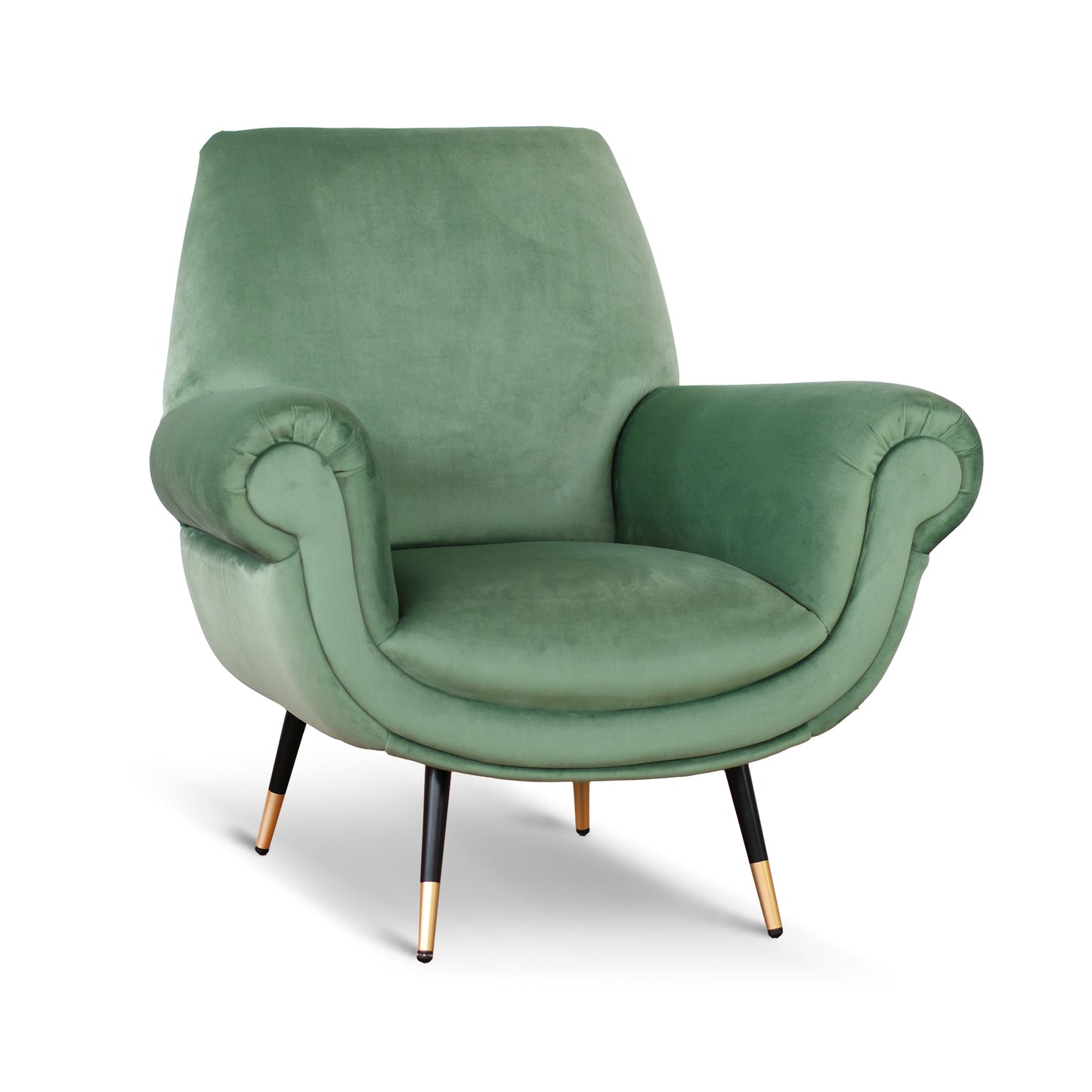 Poltrona design vintage Vico velluto verde menta gambe nere e ottone
