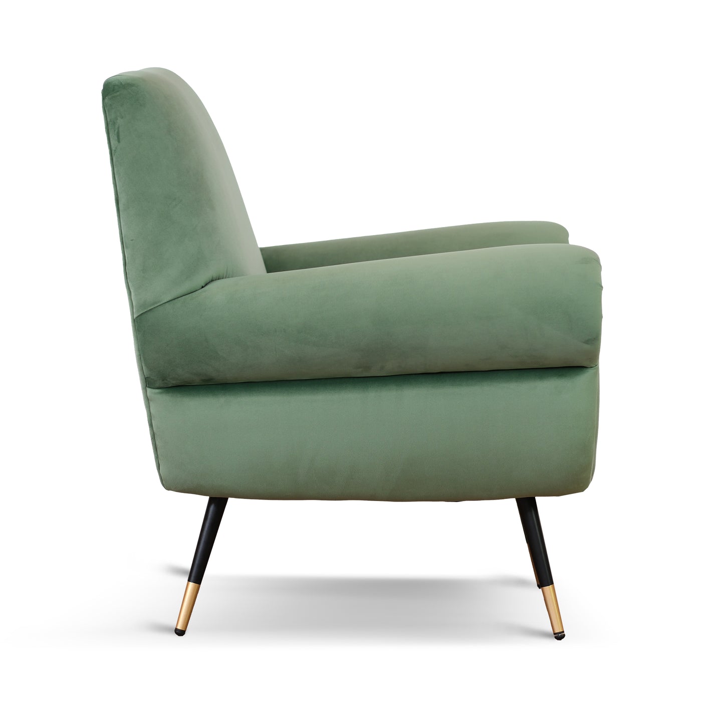 Poltrona design vintage Vico velluto verde menta gambe nere e ottone