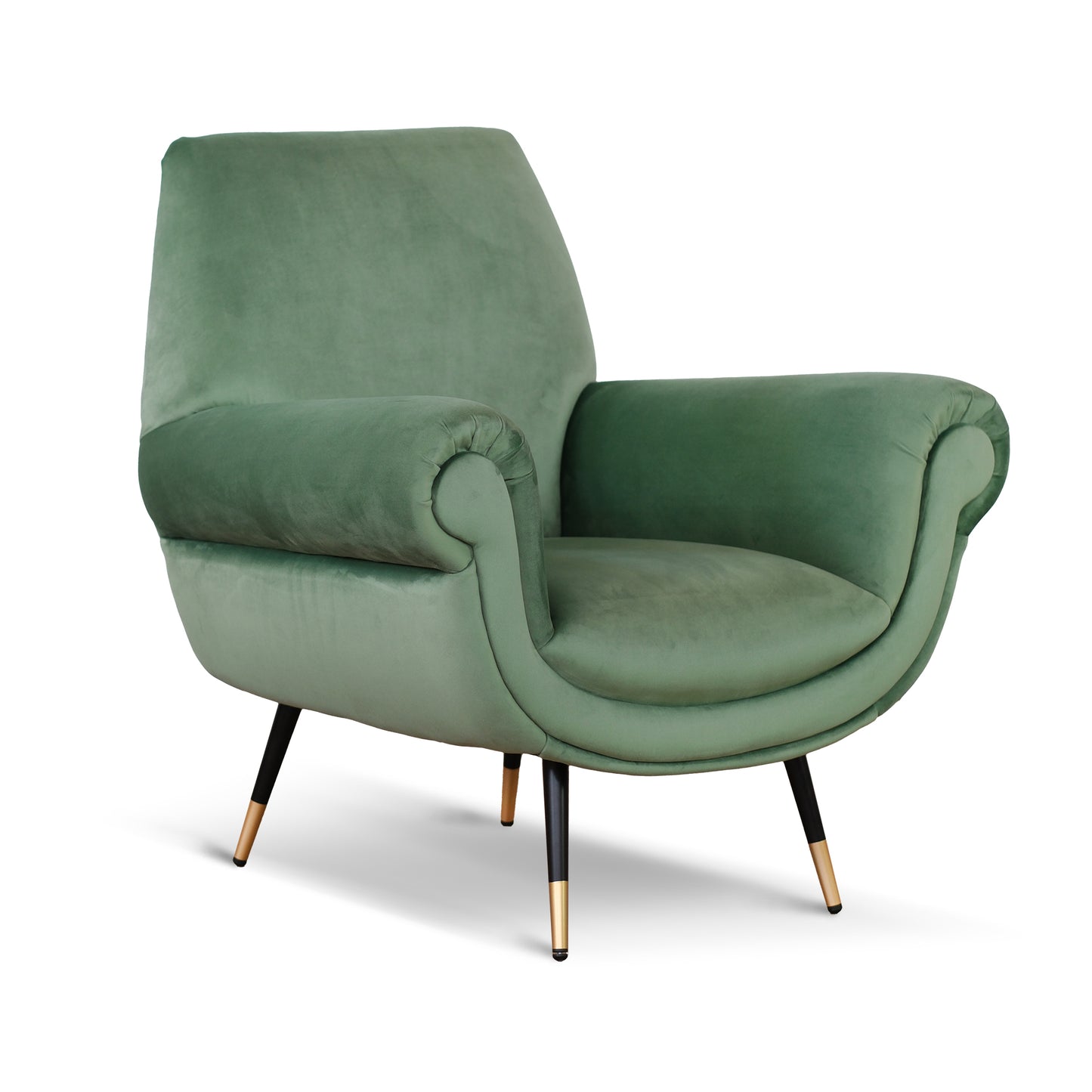Poltrona design vintage Vico velluto verde menta gambe nere e ottone