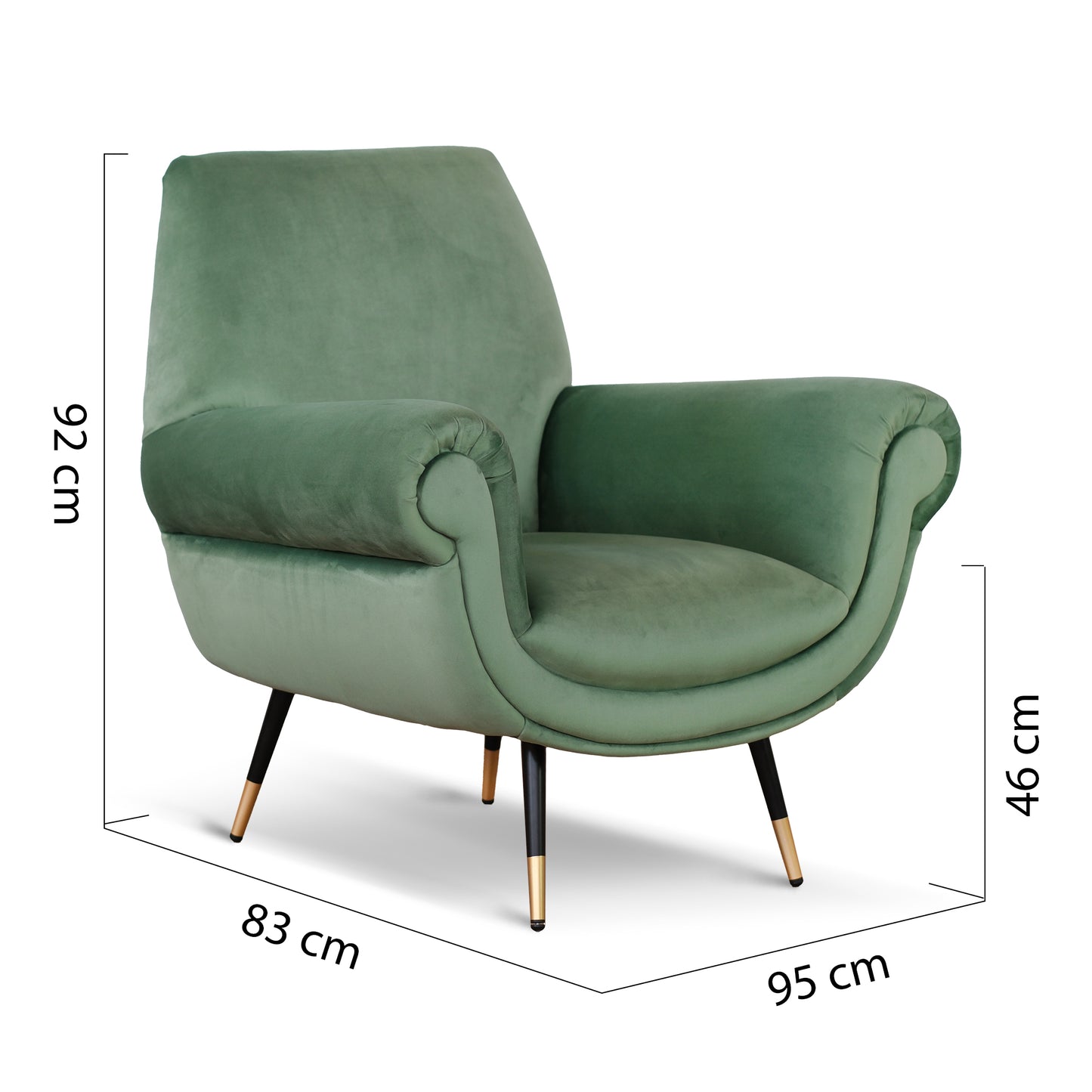 Poltrona design vintage Vico velluto verde menta gambe nere e ottone