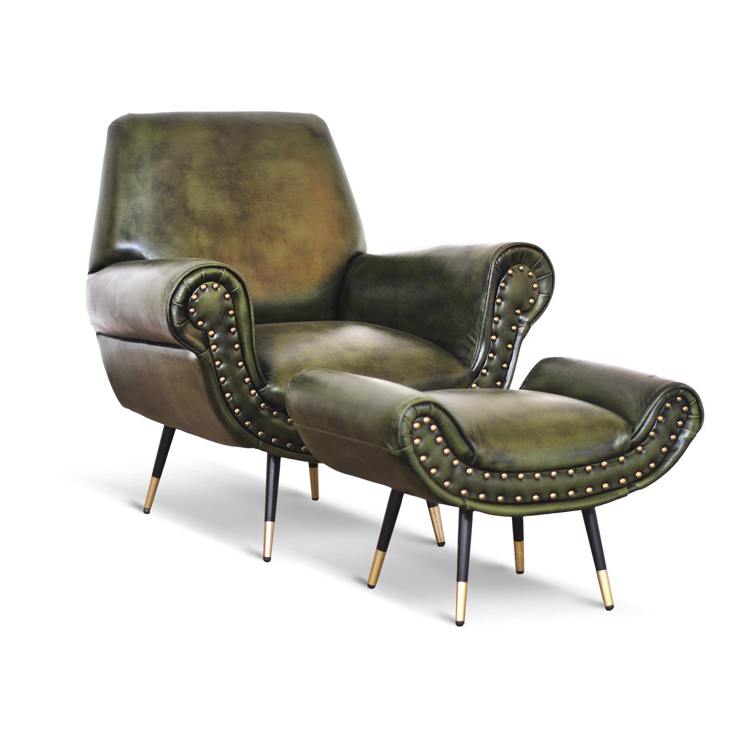 Poltrona design vintage Vico pelle fiore verde stile old America rifinita a mano con borchie anticate e gambe nere e ottone