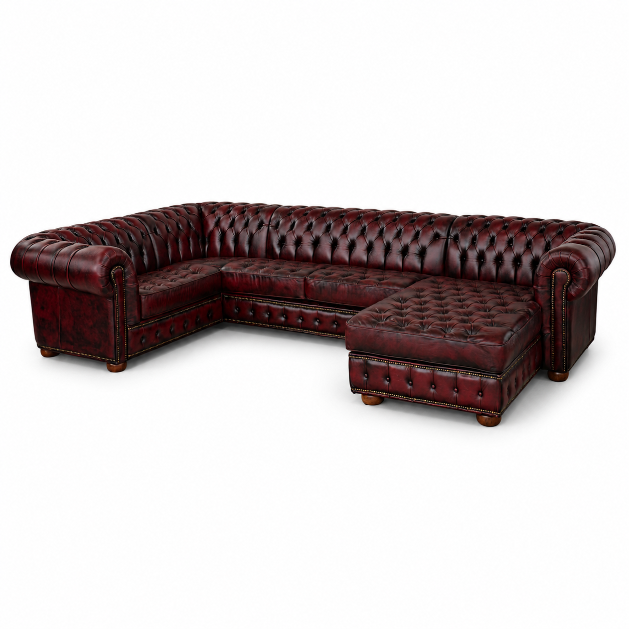 Canapé d'angle Chesterfield avec méridienne - Cuir pleine fleur premium - Design iconique