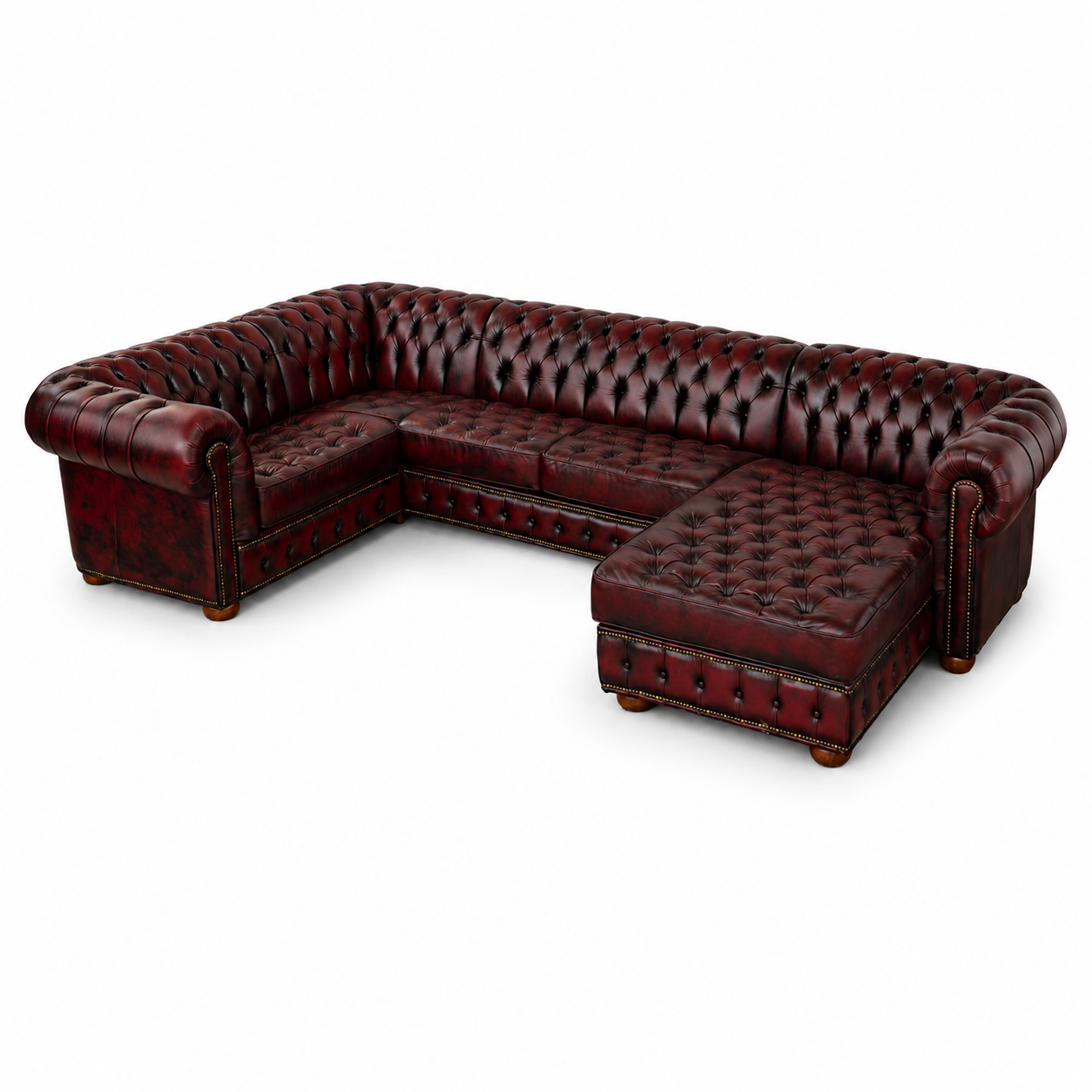 Canapé d'angle Chesterfield avec méridienne - Cuir pleine fleur premium - Design iconique
