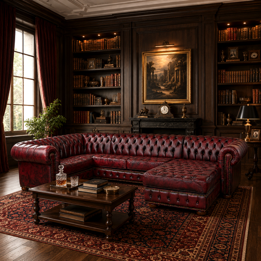 Divano Chesterfield Angolare con Chaise Longue - Pelle Primo Fiore Premium - Design Iconico