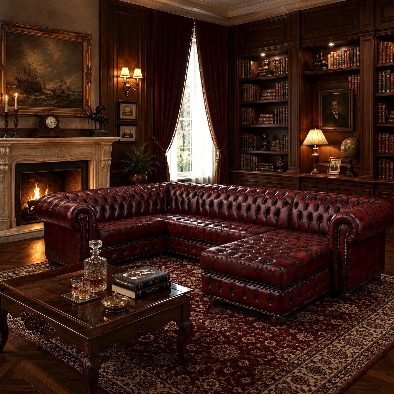 Canapé d'angle Chesterfield avec méridienne - Cuir pleine fleur premium - Design iconique