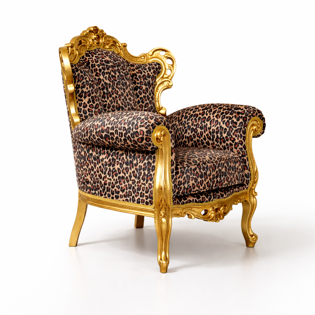 Poltrona Barocca Caterina - Foglia Oro, Tessuto e Velluto – Artigianato Italiano di Lusso