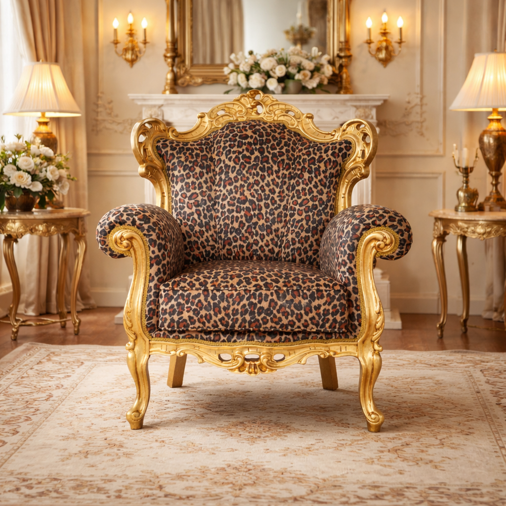 Poltrona Barocca Caterina - Foglia Oro, Tessuto e Velluto – Artigianato Italiano di Lusso