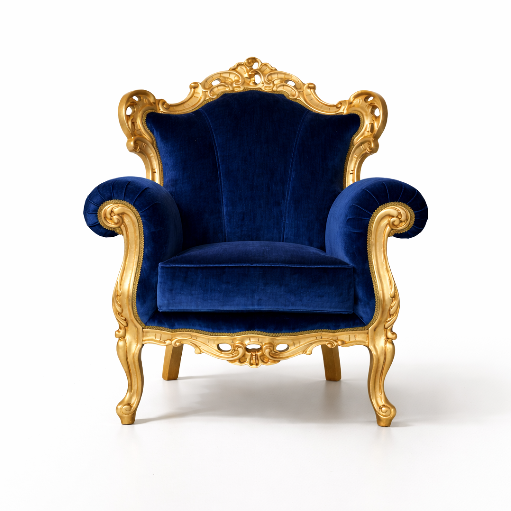 Poltrona Barocca Caterina - Foglia Oro, Tessuto e Velluto – Artigianato Italiano di Lusso