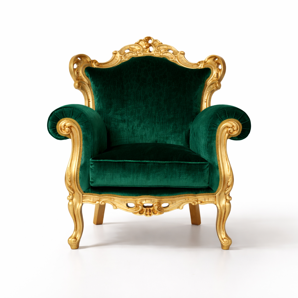 Poltrona Barocca Caterina - Foglia Oro, Tessuto e Velluto – Artigianato Italiano di Lusso