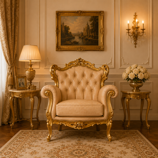 Fauteuil Baroque Caterina - Feuille d'Or, Tissu et Velours – Artisanat Italien de Luxe