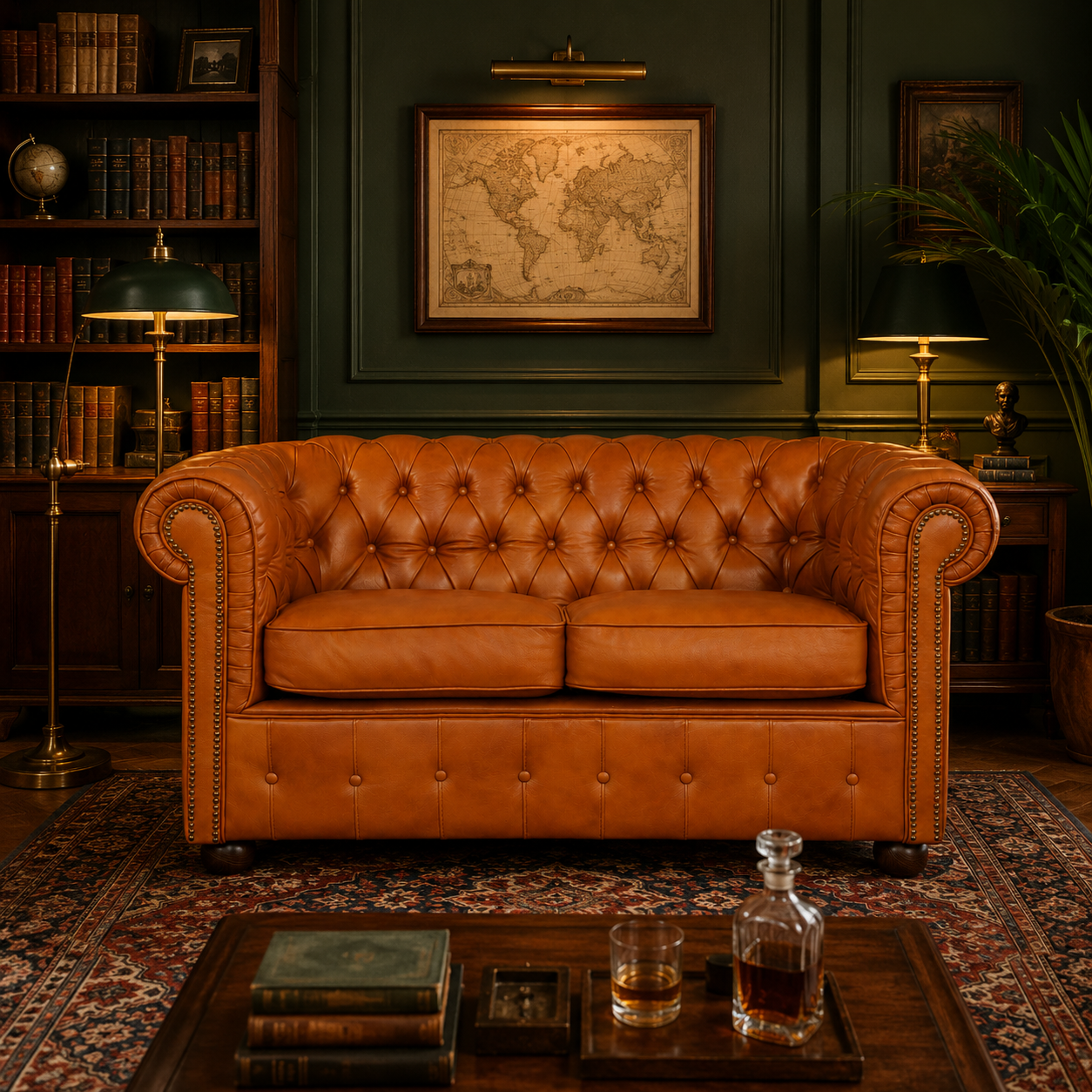 Divano 2 Posti Chesterfield Medium Pelle Primo Fiore Whisky Buckingham - Design Iconico