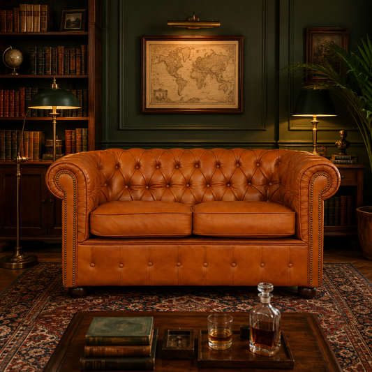 Divano 2 Posti Chesterfield Medium Pelle Primo Fiore Whisky Buckingham - Design Iconico
