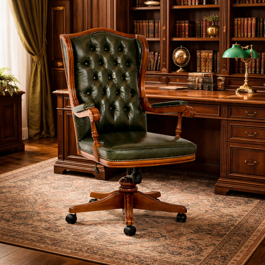 Fauteuil présidentiel Cambridge Chesterfield Cuir pleine fleur Premium - Bois massif sculpté
