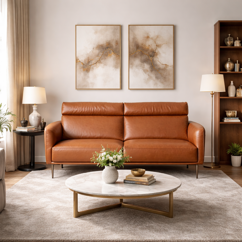 Vania Sofa aus cognacfarbenem Narbenleder mit anthrazitfarbenen Chrombeinen