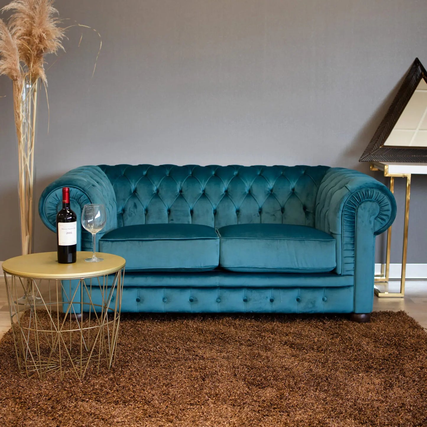 Divano Chesterfield 2 Posti Velluto Blu Pavone