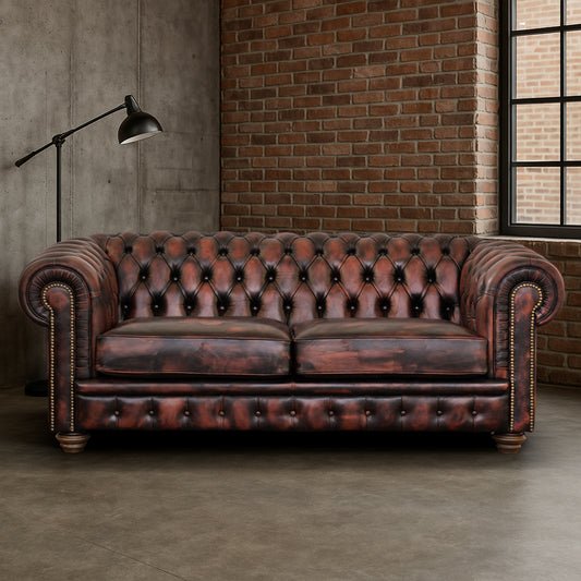 Divano Chester 2 posti max pelle fiore ruggine stile old America rifinita a mano