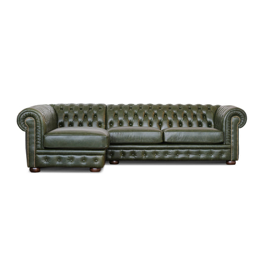 Divano Chesterfield angolare in pelle primo fiore verde inglese borchie anticate