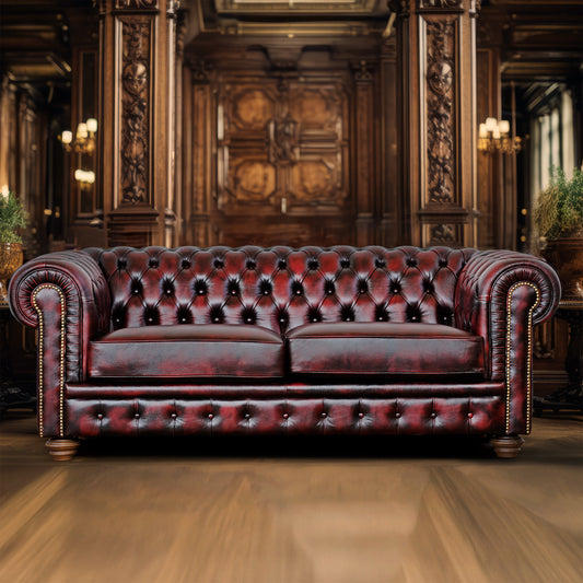 Divano Chester 2 posti max pelle fiore bordeaux stile old America rifinita a mano