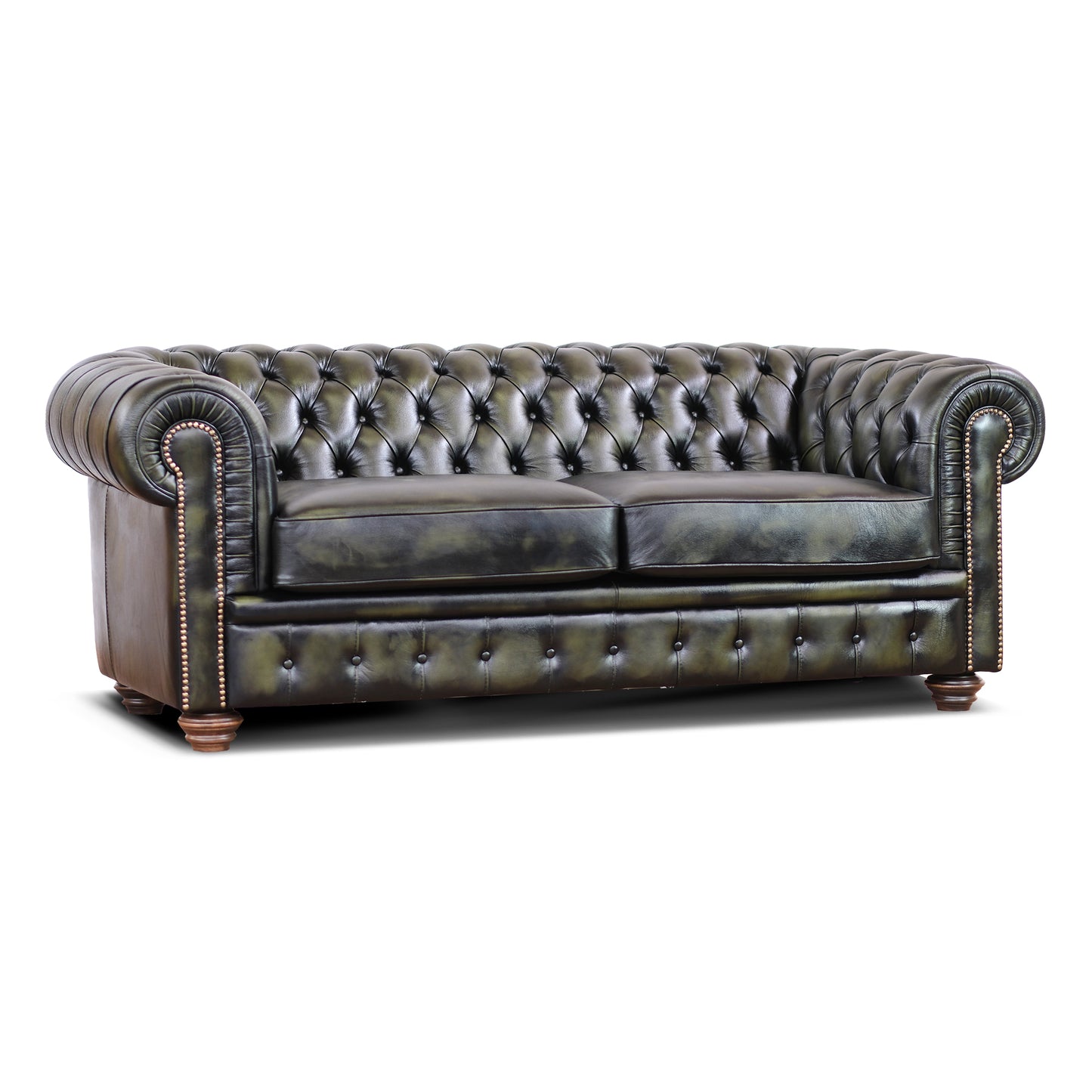 Divano Chester pelle fiore verde stile old America rifinita a mano
