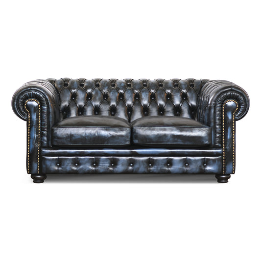 Divano Chester pelle fiore blu stile old America rifinita a mano