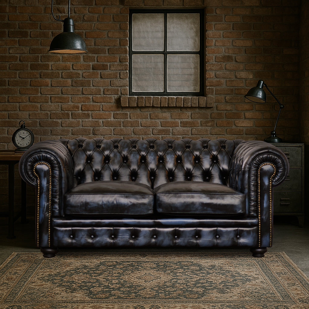Canapé Chester en cuir pleine fleur bordeaux, style old America, finition main 