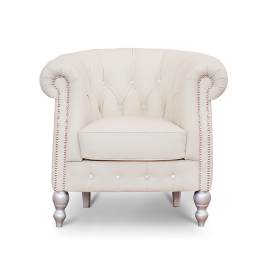 Fauteuil Chesterina en cuir pleine fleur ivoire avec clous et Swarovski