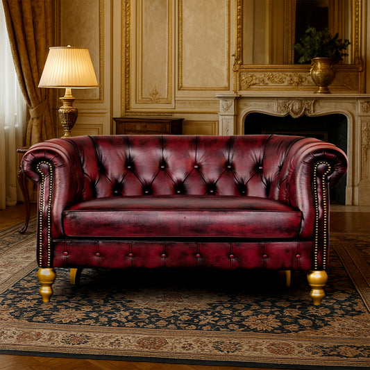 Divano Chesterino in pelle fiore bordeaux stile old America rifinita a mano