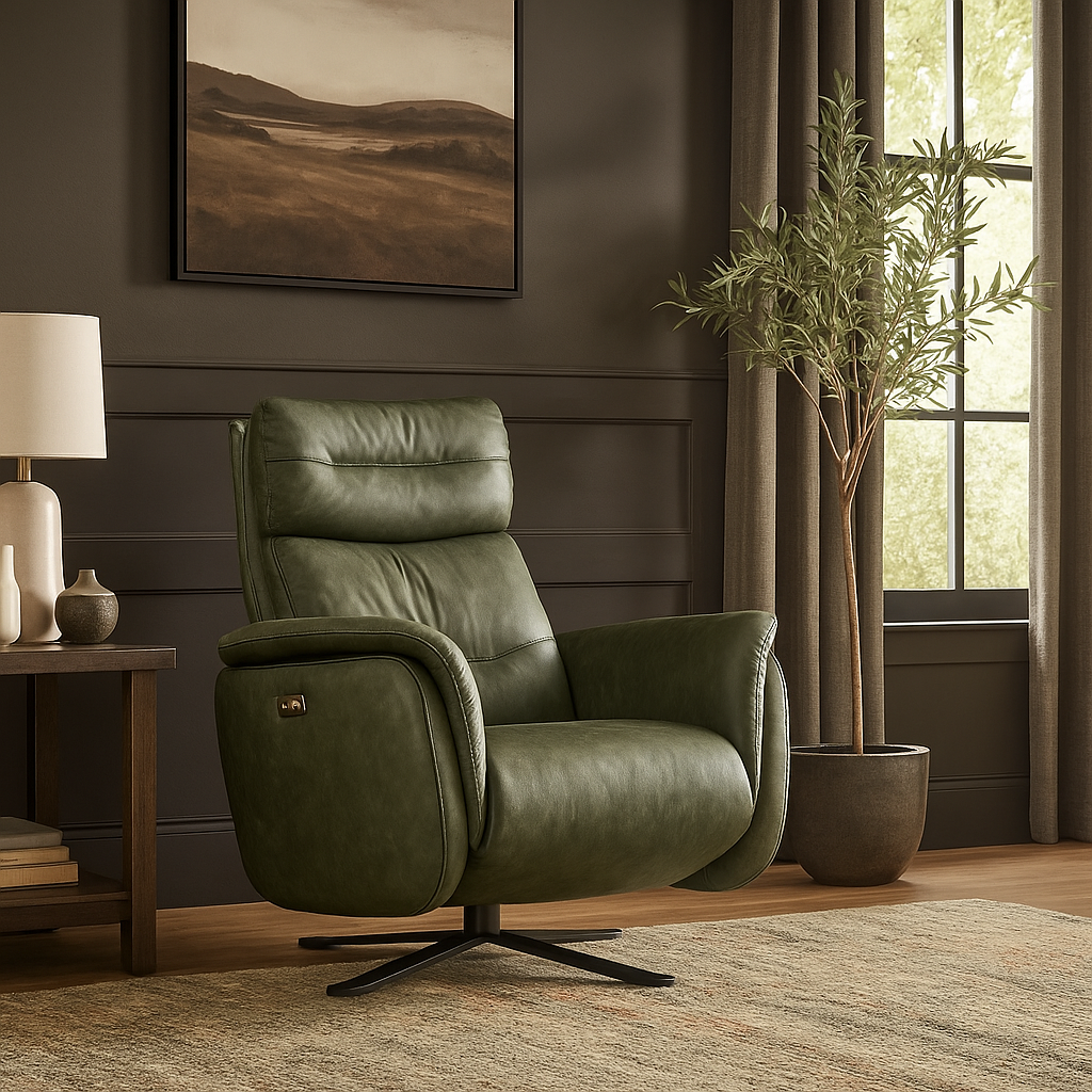 Fauteuil de relaxation électrique pivotant Costanza en cuir pleine fleur brandy