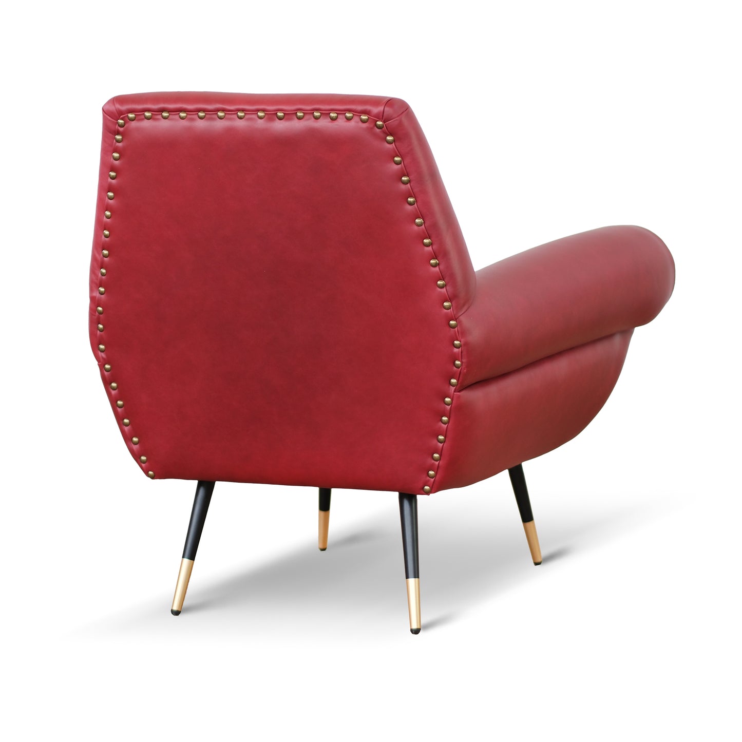 Fauteuil design vintage Vico en cuir grainé pull up rouge cerise avec clous vieillis et pieds noirs et laiton 