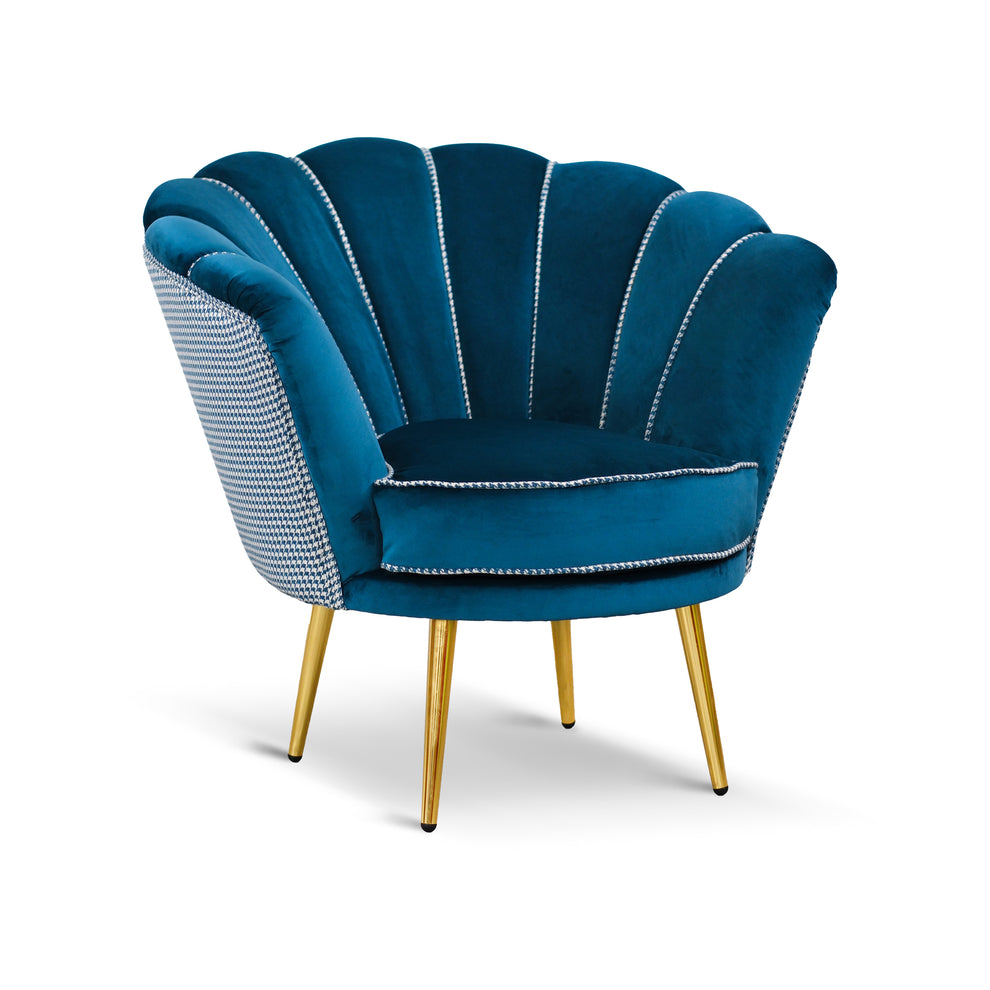 Image of Poltrona Maia in velluto blu petrolio e tessuto pied de poule, gambe oro