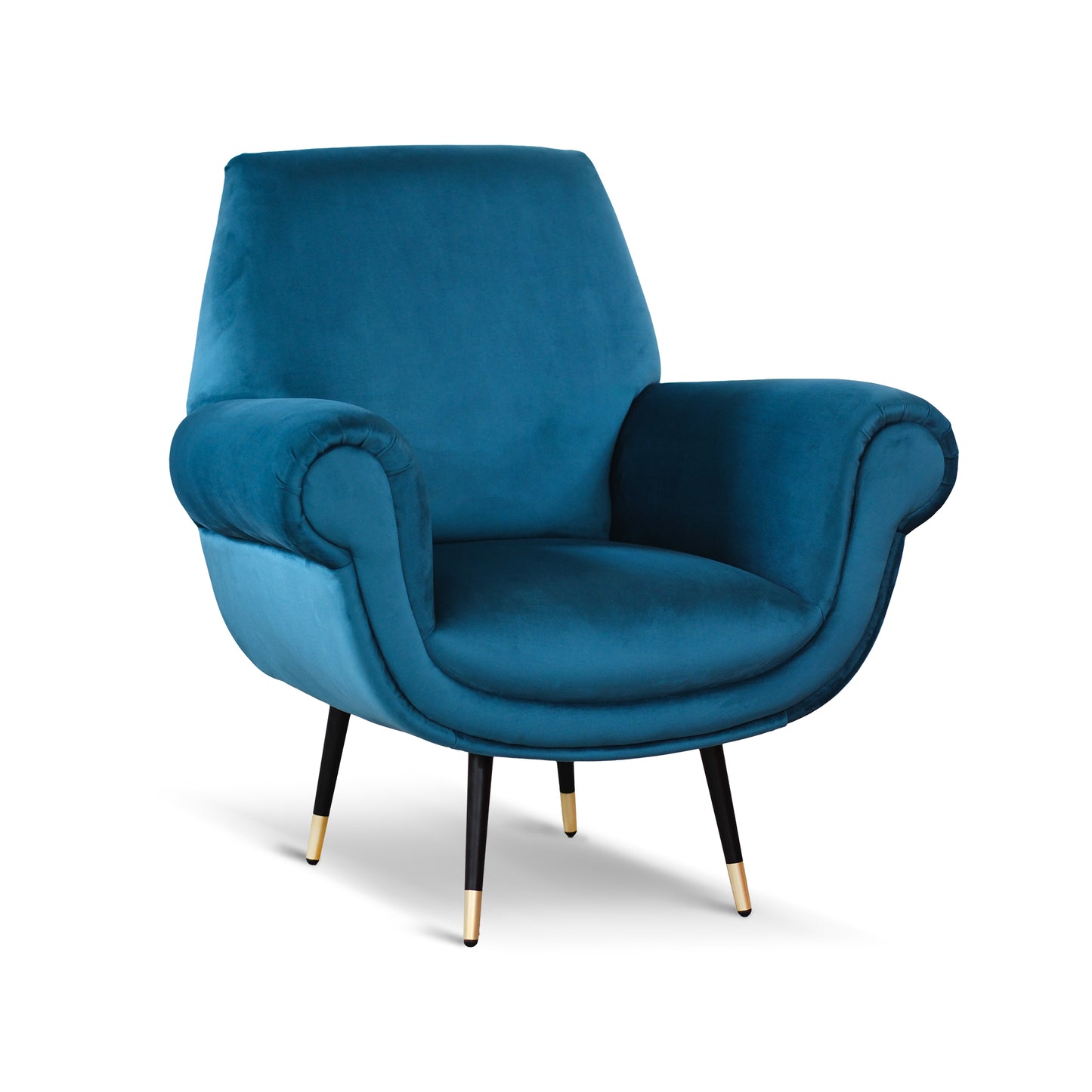 Fauteuil Milano en Velours Bleu Pétrole, Pieds en Acier Noir et Laiton 