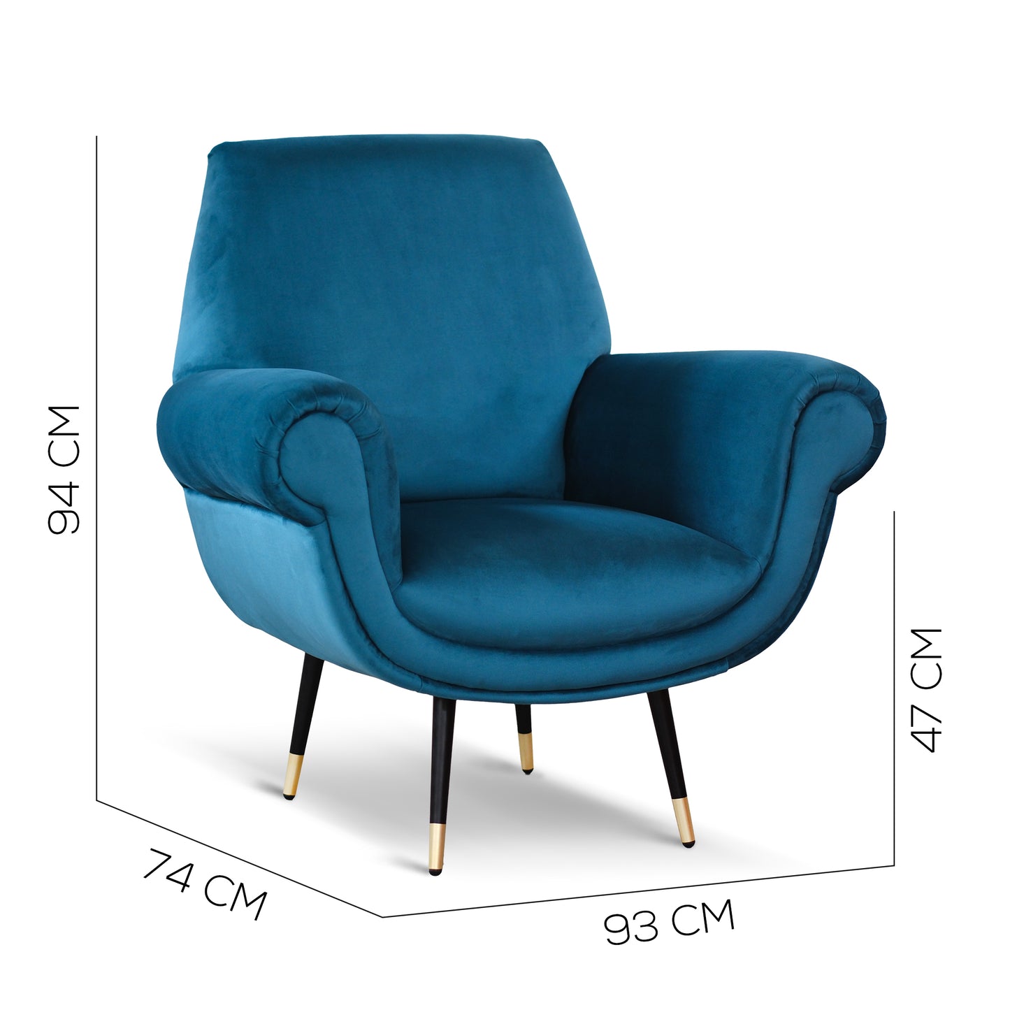 Fauteuil Milano en Velours Bleu Pétrole, Pieds en Acier Noir et Laiton 