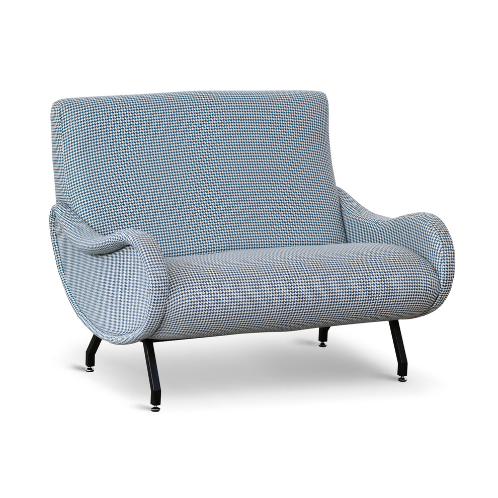 Image of Divano Miss design vintage in tessuto pied de poule blu gambe nere
