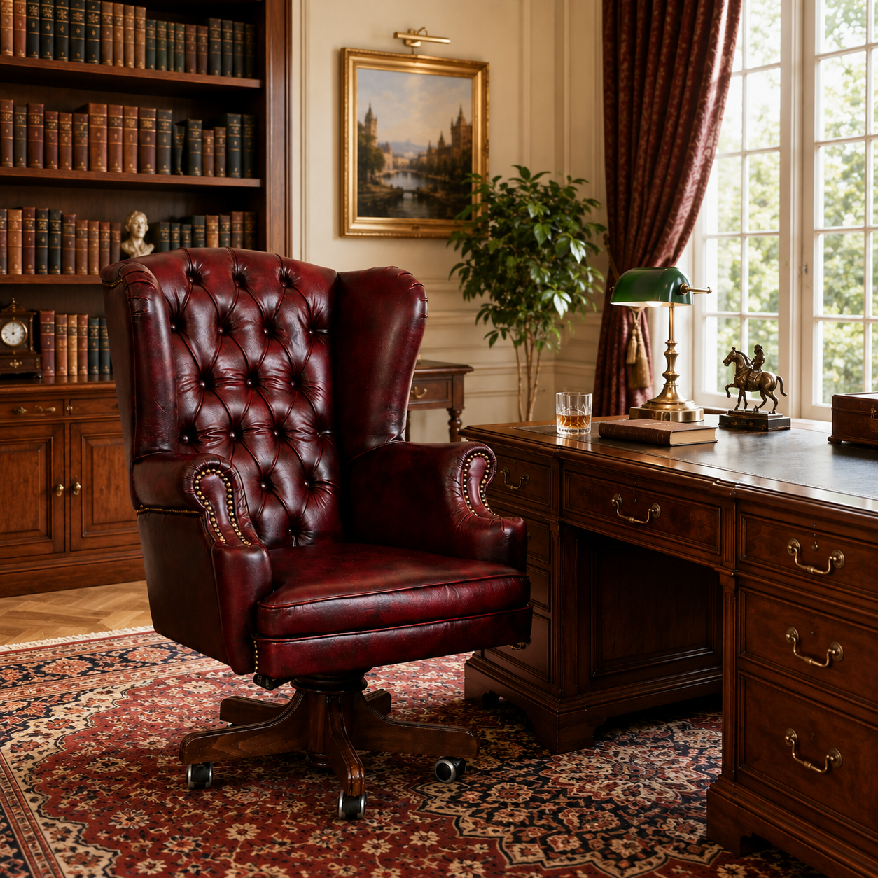 Poltrona Presidenziale Oxford Chesterfield Deluxe Pelle Primo Fiore Premium - Base in Legno