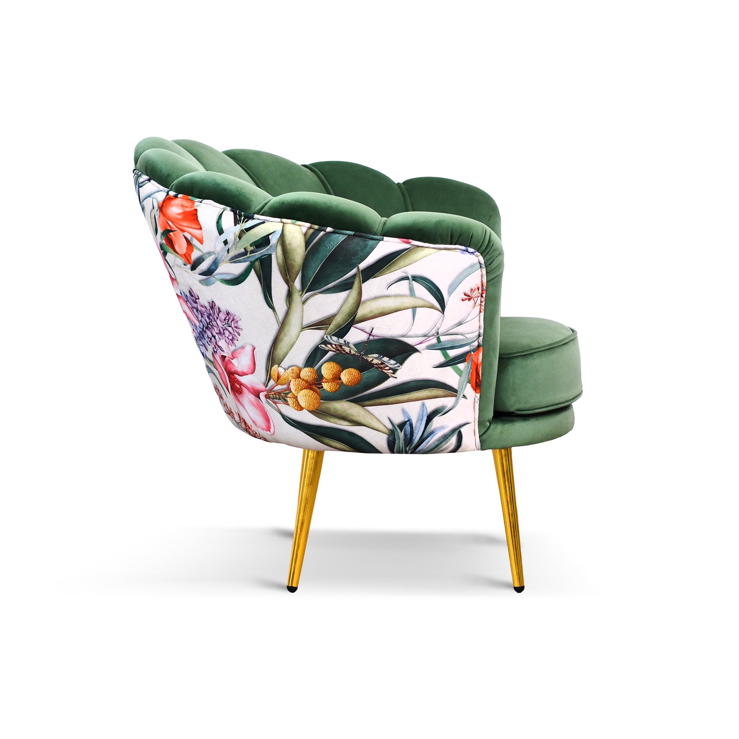 Fauteuil Maia en Velours Vert Menthe, Dos en Microfibre Unicolore ou à Motif Exotique, Pieds Dorés