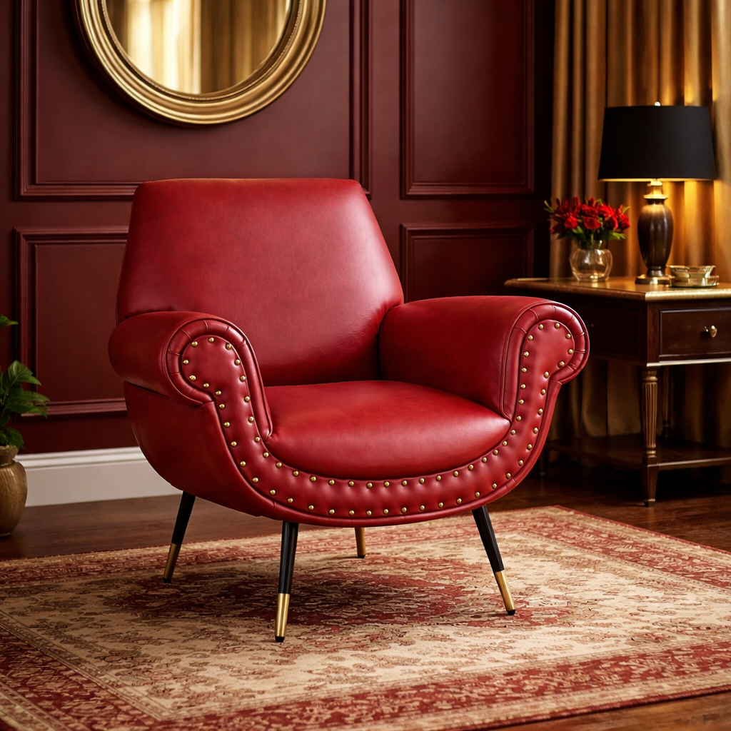 Fauteuil design vintage Vico en cuir grainé pull up rouge cerise avec clous vieillis et pieds noirs et laiton 