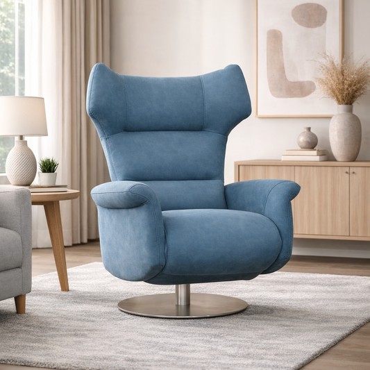 Poltrona Vittoria, Girevole 2 Motori, Sistema di Reclinazione Autonomo di Pediera e Schienale, Pelle Fiore, Base Rotonda in Metallo Cromato